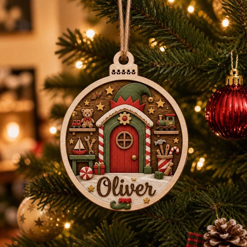 Personalized North Pole elf door wooden ornament hanging on a decorated Christmas tree
