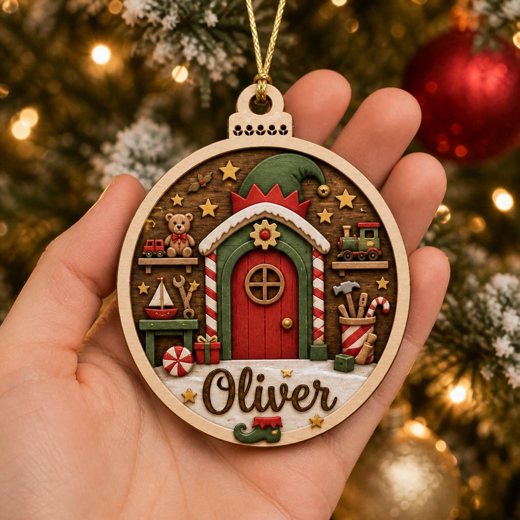 Close-up of North Pole elf door name ornament resting in an open palm
