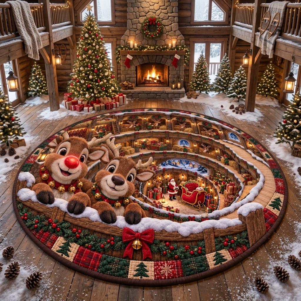 North Pole reindeer round rug in a log cabin hall with snow, pinecones, a stone fireplace and Christmas trees