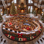 North Pole reindeer round rug in a log cabin hall with snow, pinecones, a stone fireplace and Christmas trees