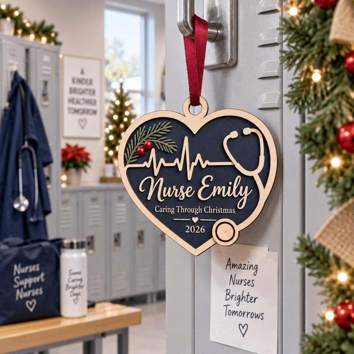 Personalized nurse heart ornament hanging on a hospital locker door