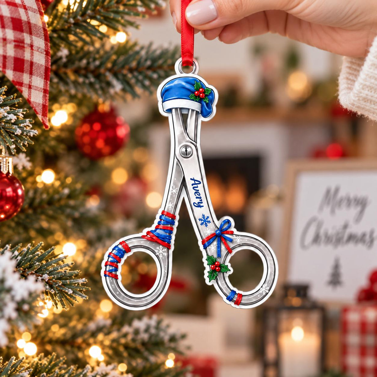 Personalized nurse trauma shears wooden ornament with blue scrub cap and name