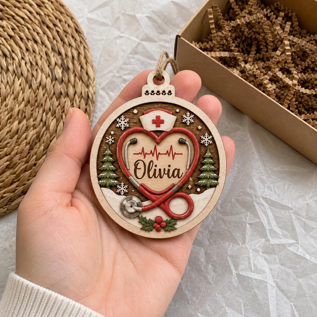 Personalized nurse stethoscope wooden ornament held in hand next to a gift box