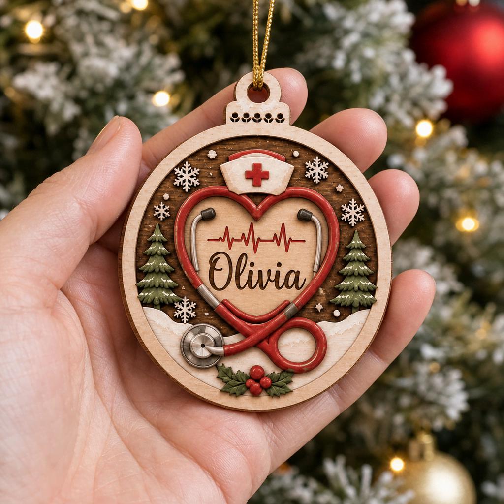Close-up of personalized nurse heart ornament with custom name resting in a palm