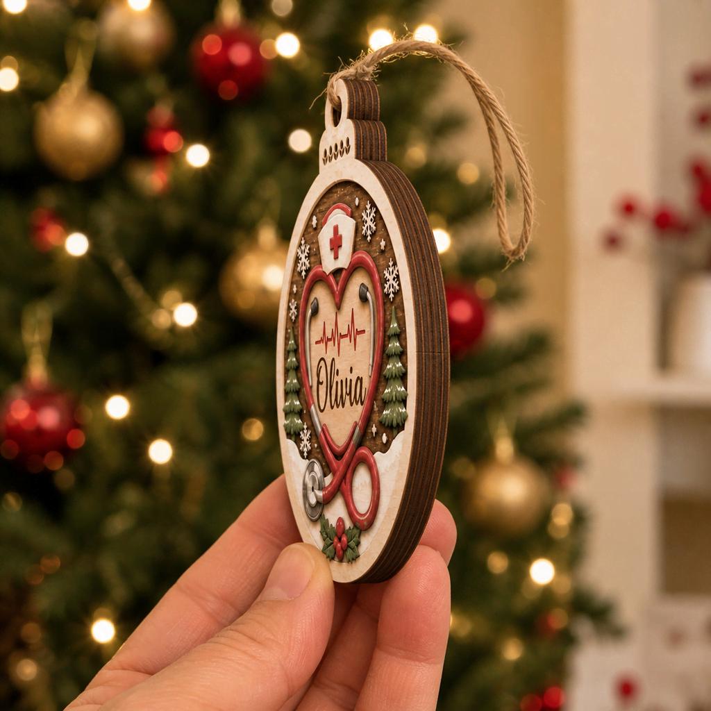 Side view of nurse stethoscope heart ornament showing layered plywood thickness