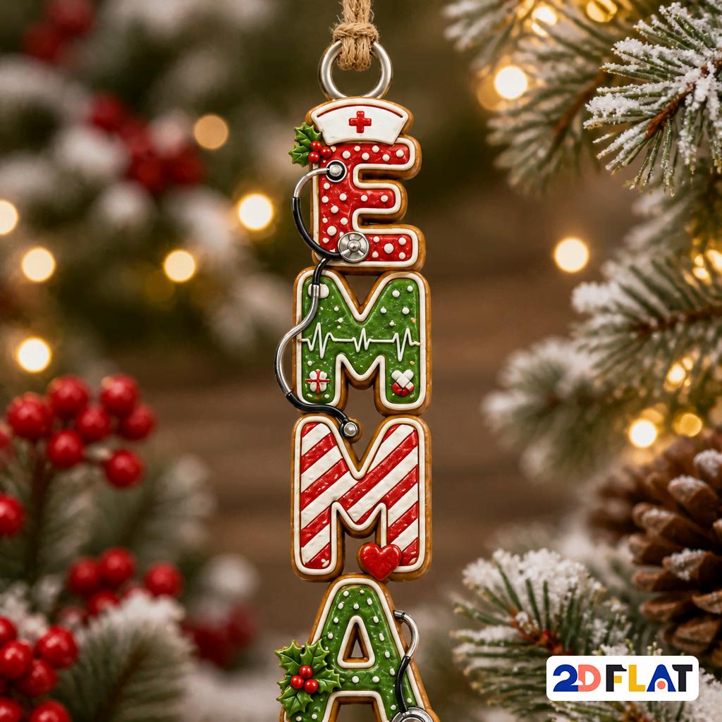 Close-up of a vertical medical letters nurse name ornament with stethoscope on a tree