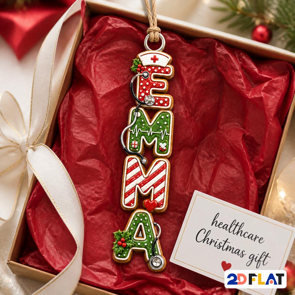 Nurse vertical letters name ornament in a red gift box with healthcare Christmas card