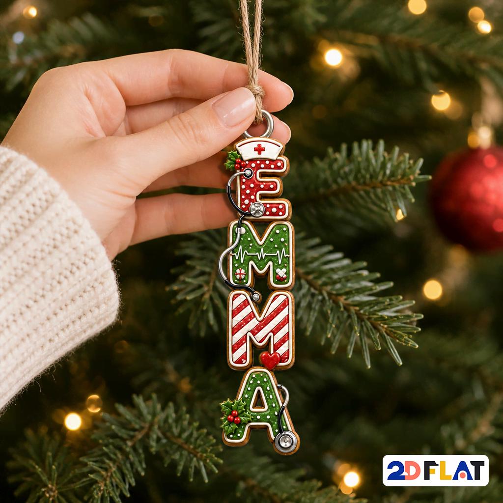Hand hanging a nurse name ornament with stethoscope and medical letters spelling Emma