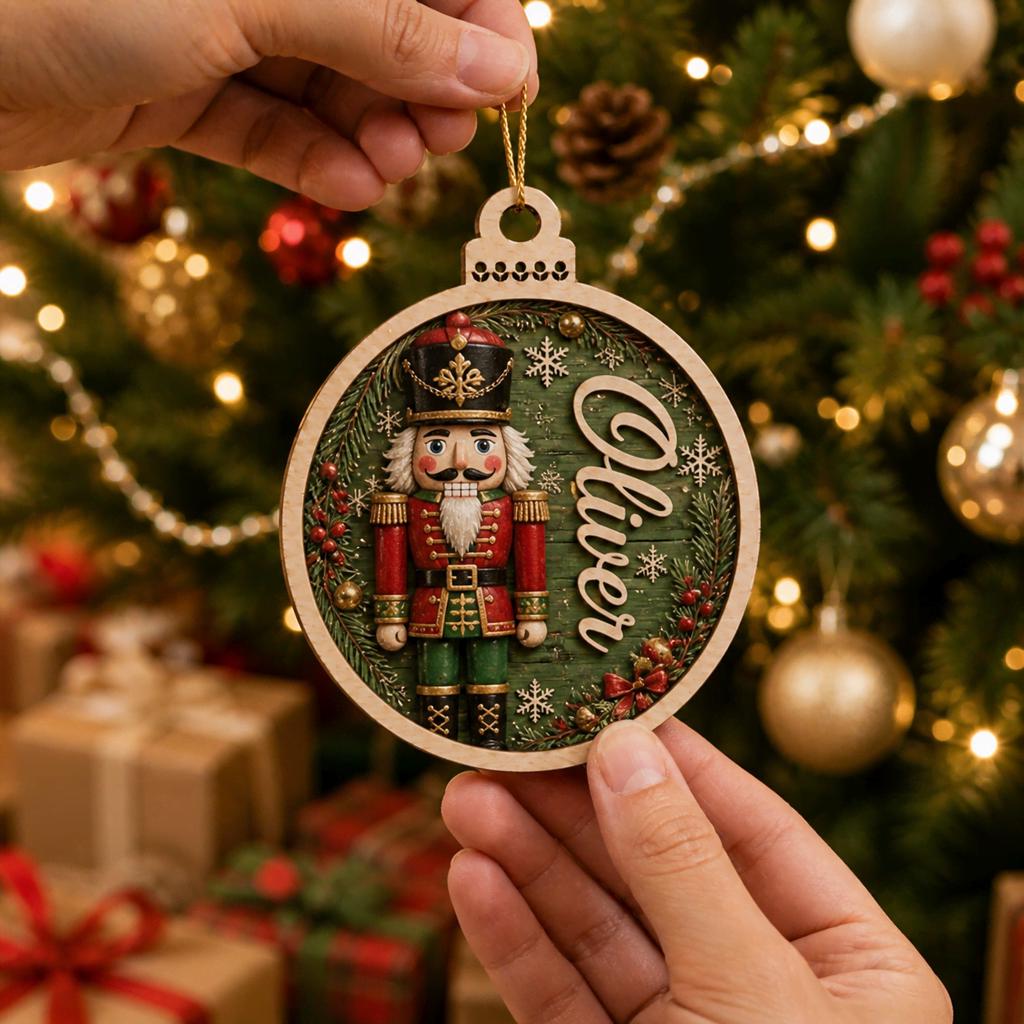 Hand holding personalized nutcracker round wooden ornament with name in front of Christmas tree