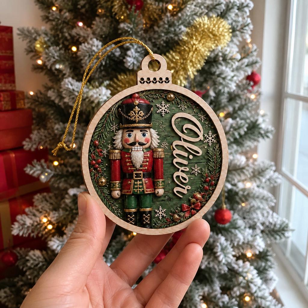 Personalized nutcracker name ornament held up by a frosted Christmas tree near window