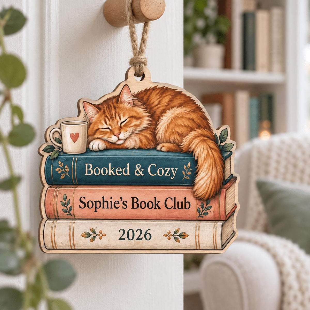 Orange tabby cat book stack name ornament hanging on a peg by bookshelves