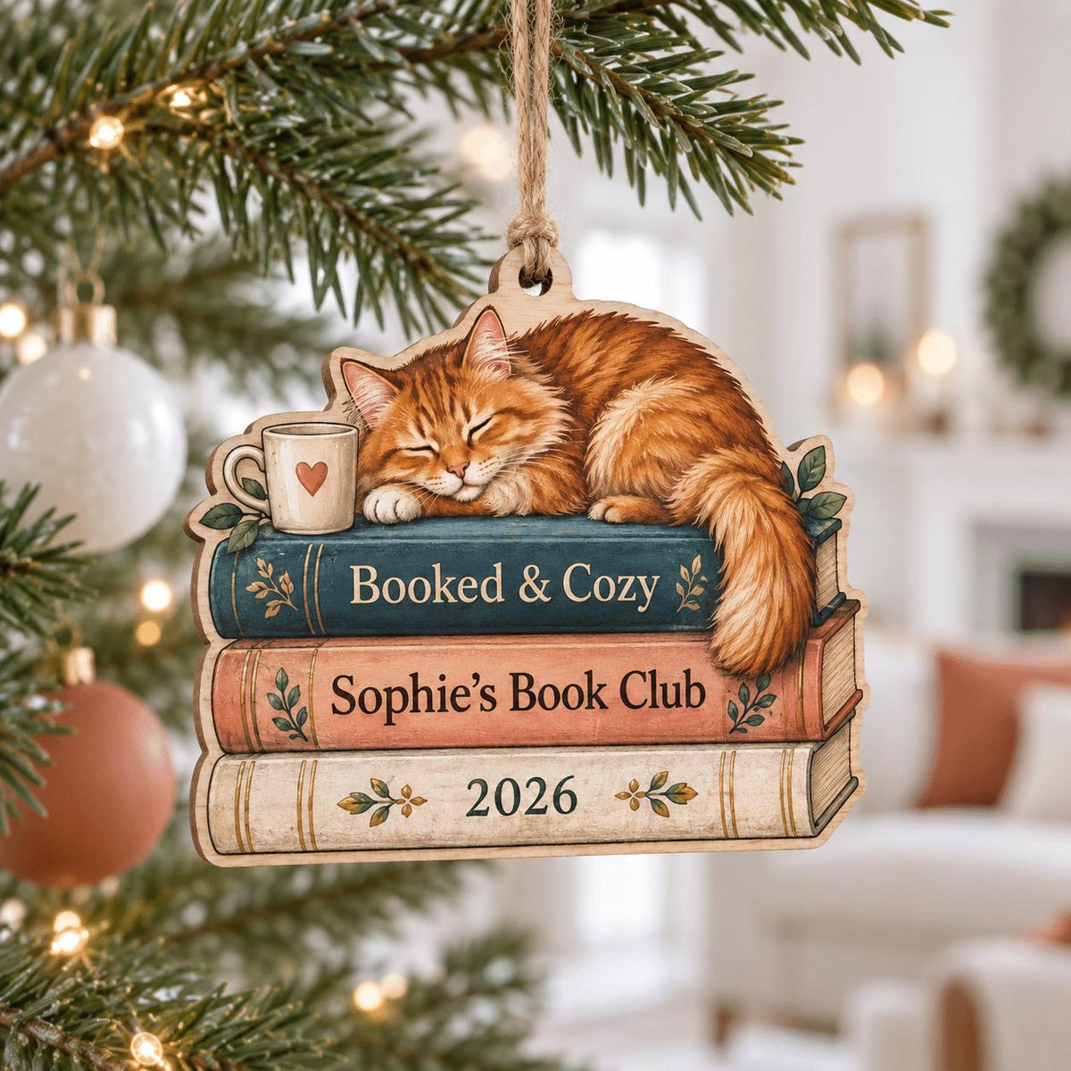 Orange tabby cat sleeping on books wooden ornament with custom book club name