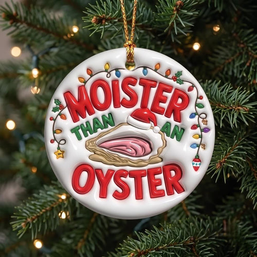 Oyster Christmas ornament hanging on a green tree
