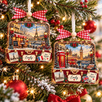 Two personalized suitcase ornaments with Paris and London scenes