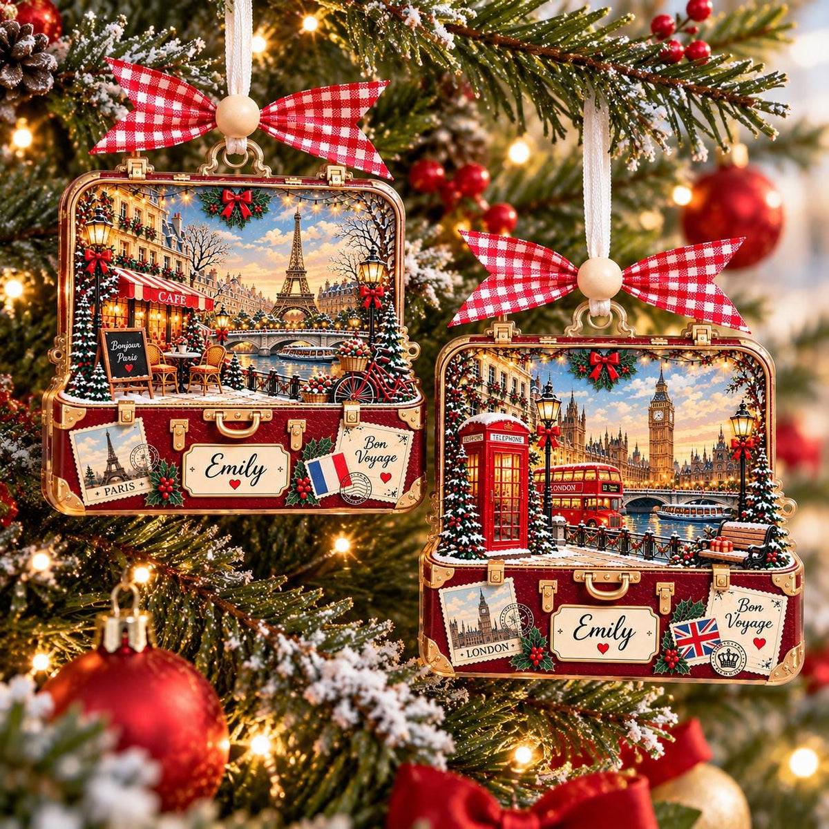 Two personalized suitcase ornaments with Paris and London scenes