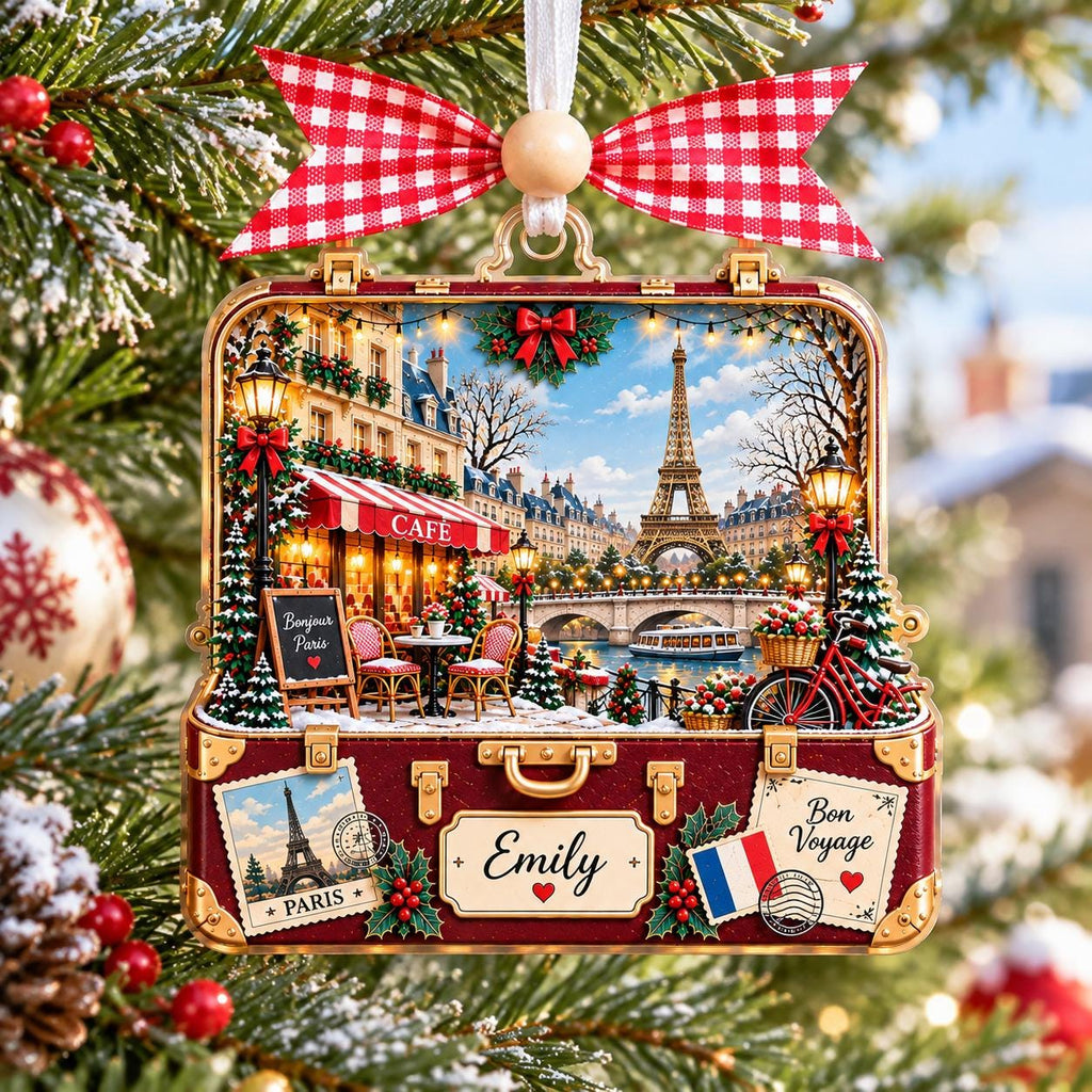 Paris suitcase ornament with the Eiffel Tower and Emily