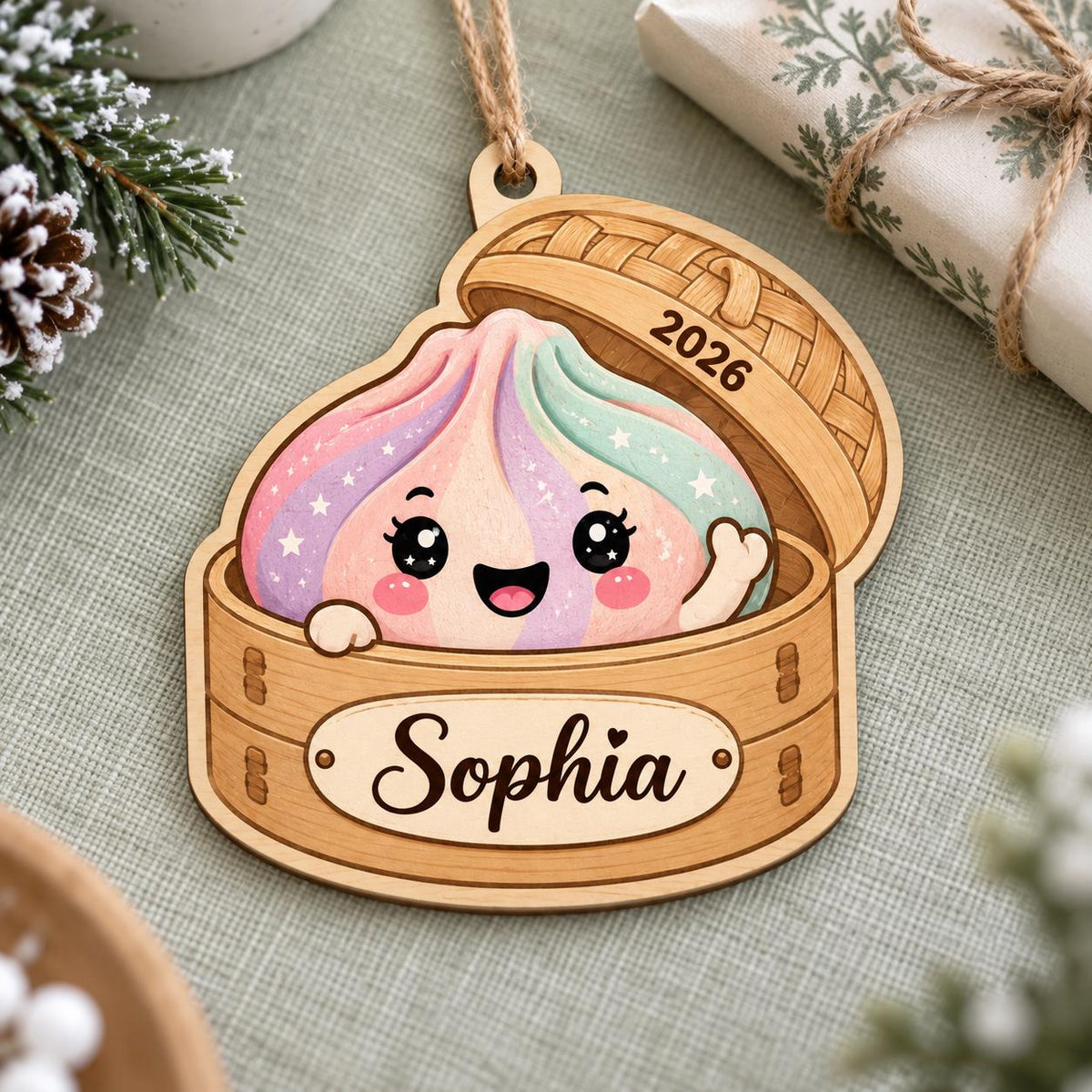 Pastel rainbow dumpling steamer wooden ornament with custom name lying on green linen