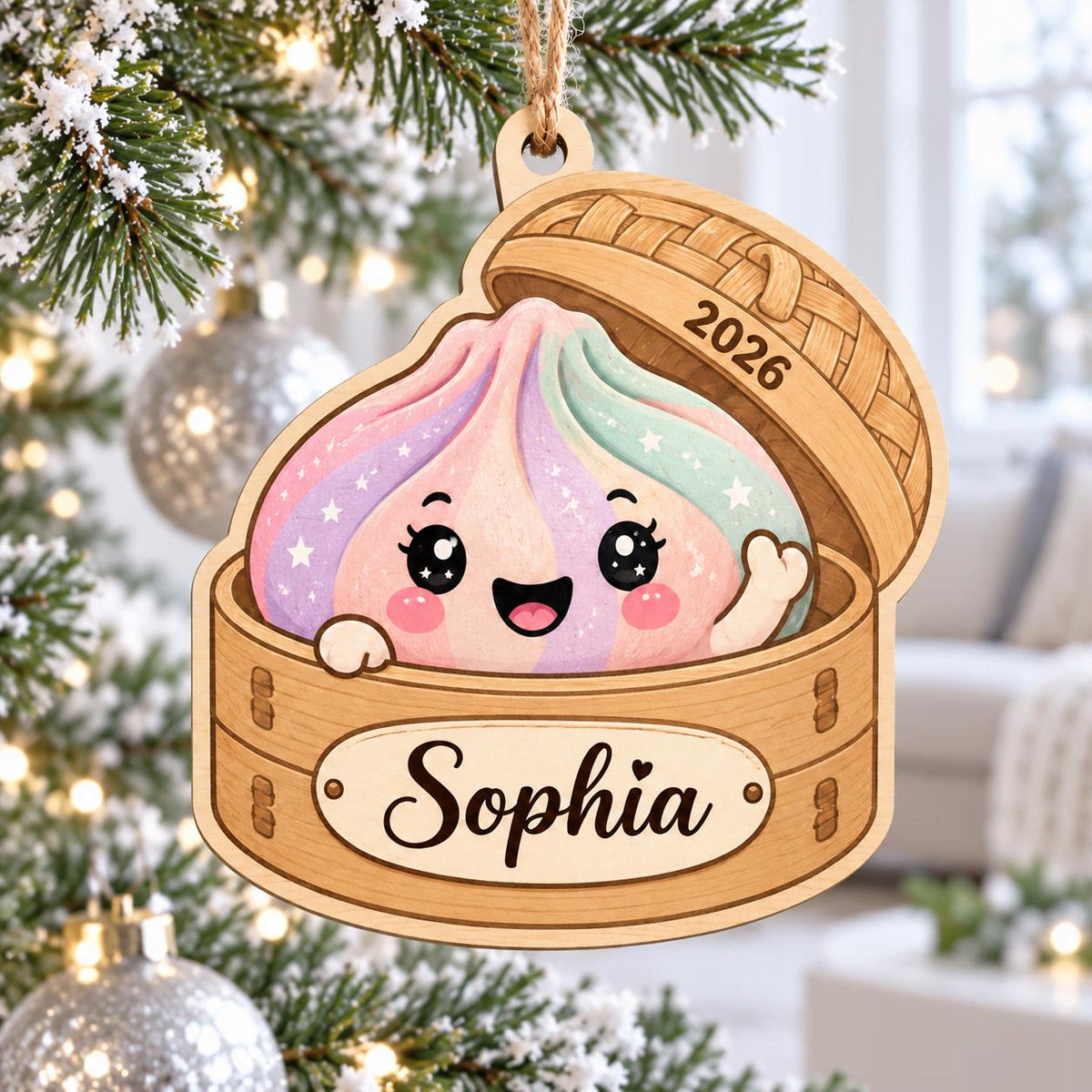 Personalized pastel dumpling steamer wooden ornament hanging among silver Christmas baubles