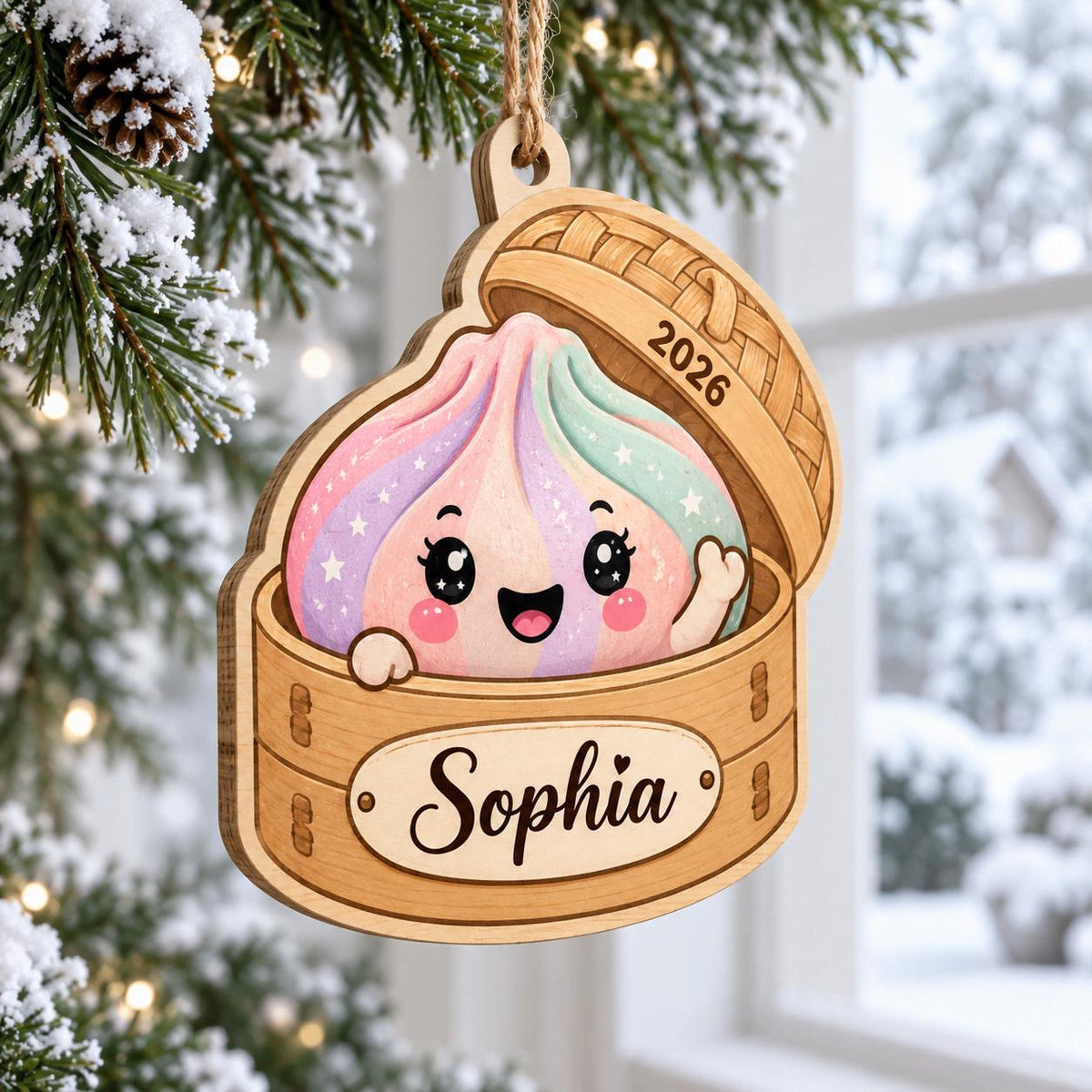 Pastel dumpling waving from a bamboo steamer wooden ornament on a snowy Christmas tree
