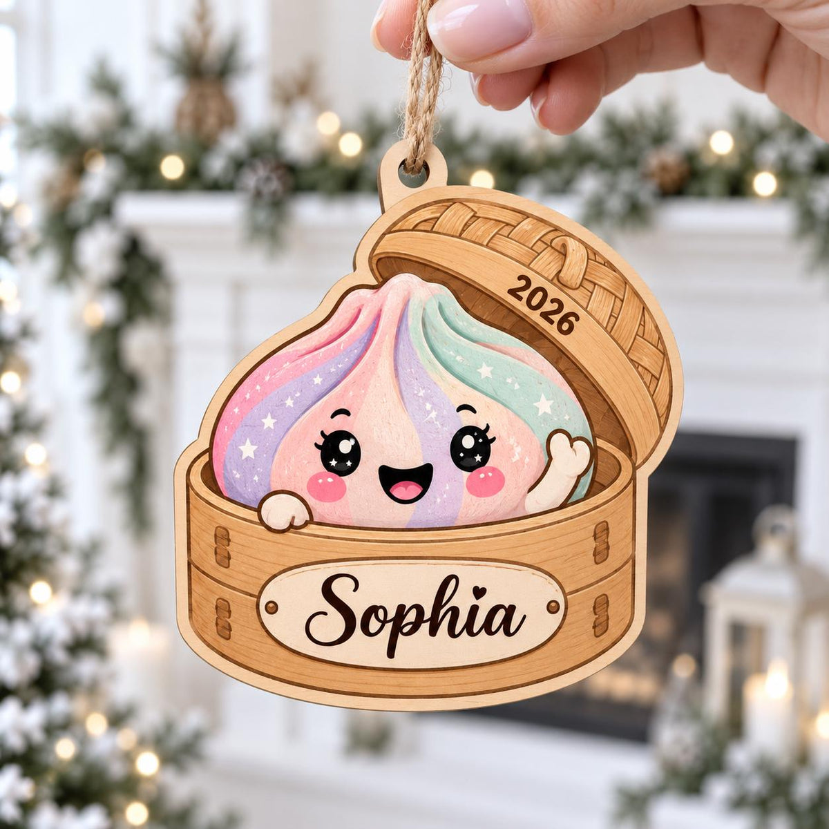 Hand holding a personalized pastel dumpling bamboo steamer ornament with name and 2026