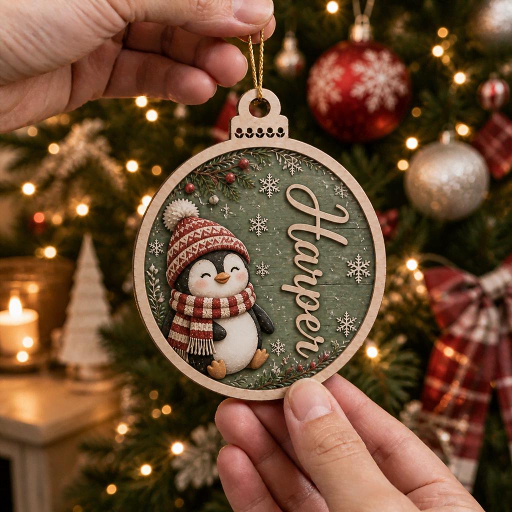 Penguin in knit hat and scarf name ornament hanging in front of Christmas tree