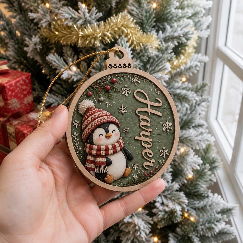 Hand holding personalized penguin wooden ornament near a frosted Christmas tree by window