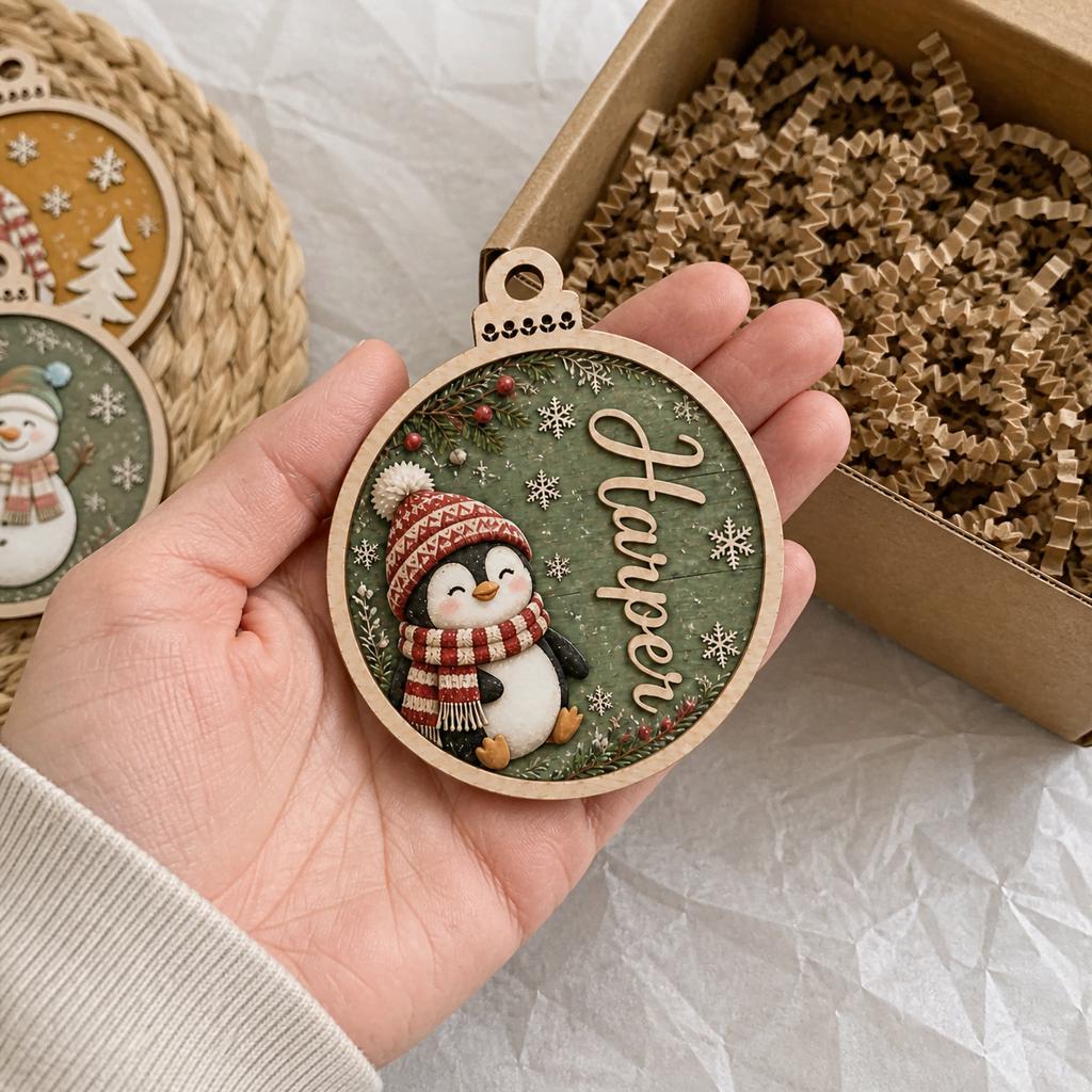Personalized penguin round wooden ornament with custom name held in palm over gift box