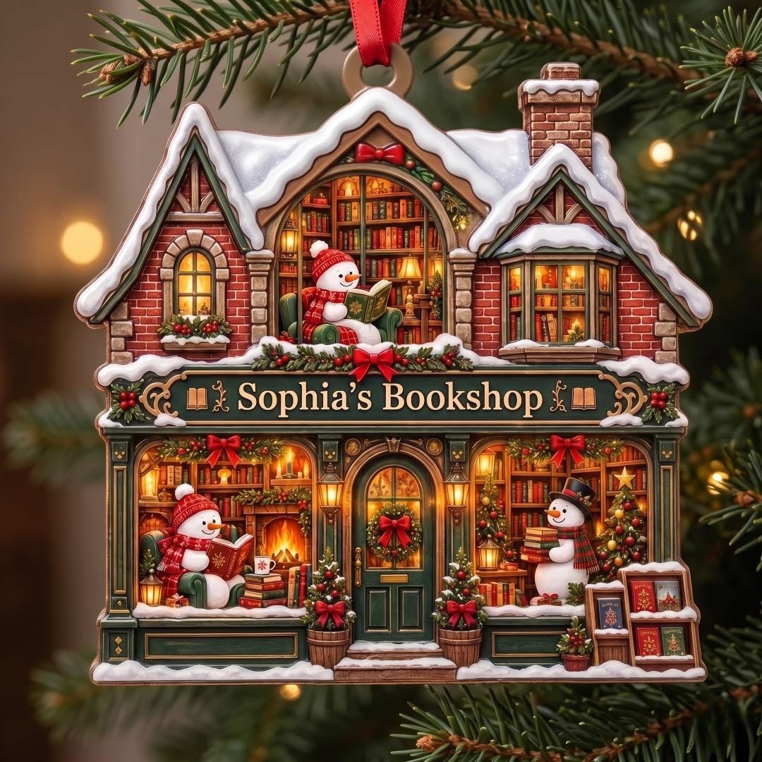 Personalized brick bookshop ornament with snowy roofs, snowmen and the sign Sophia's Bookshop on a Christmas tree