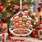Gingerbread family ornament with The Johnson Family 2026 on a tree