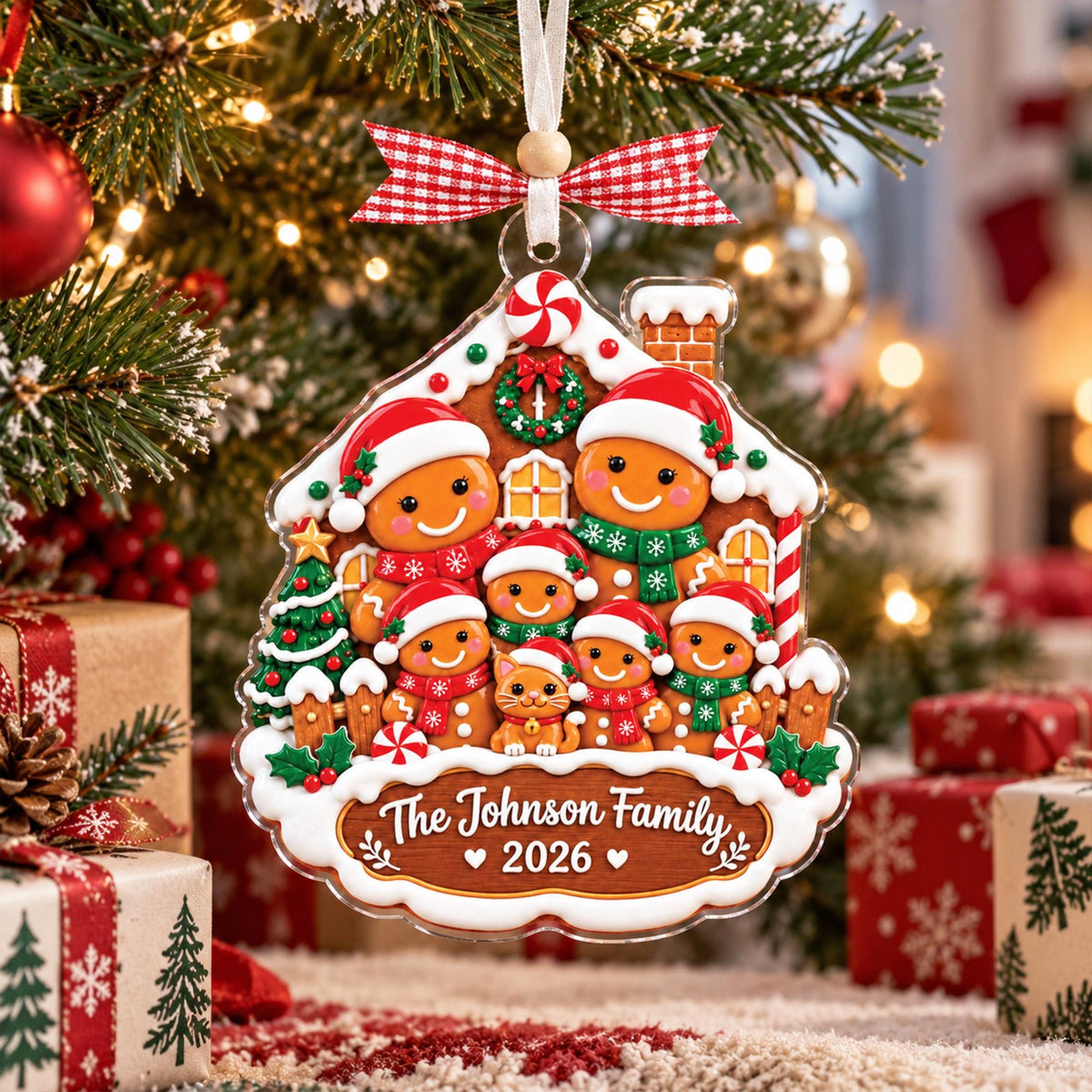 Gingerbread family ornament with The Johnson Family 2026 on a tree