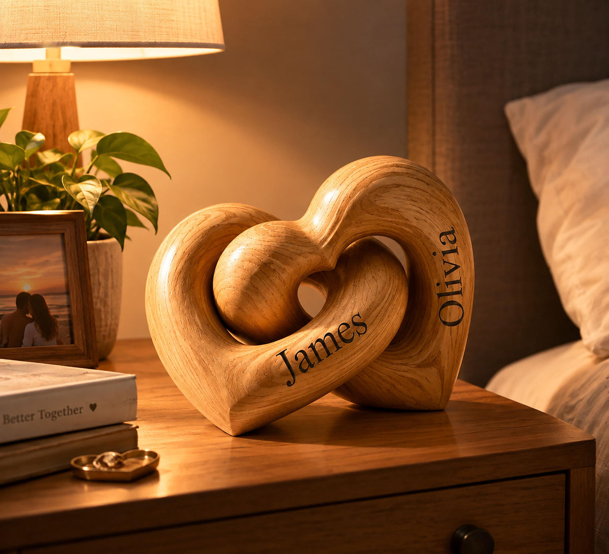 Personalized interlocking wooden hearts engraved with couple names