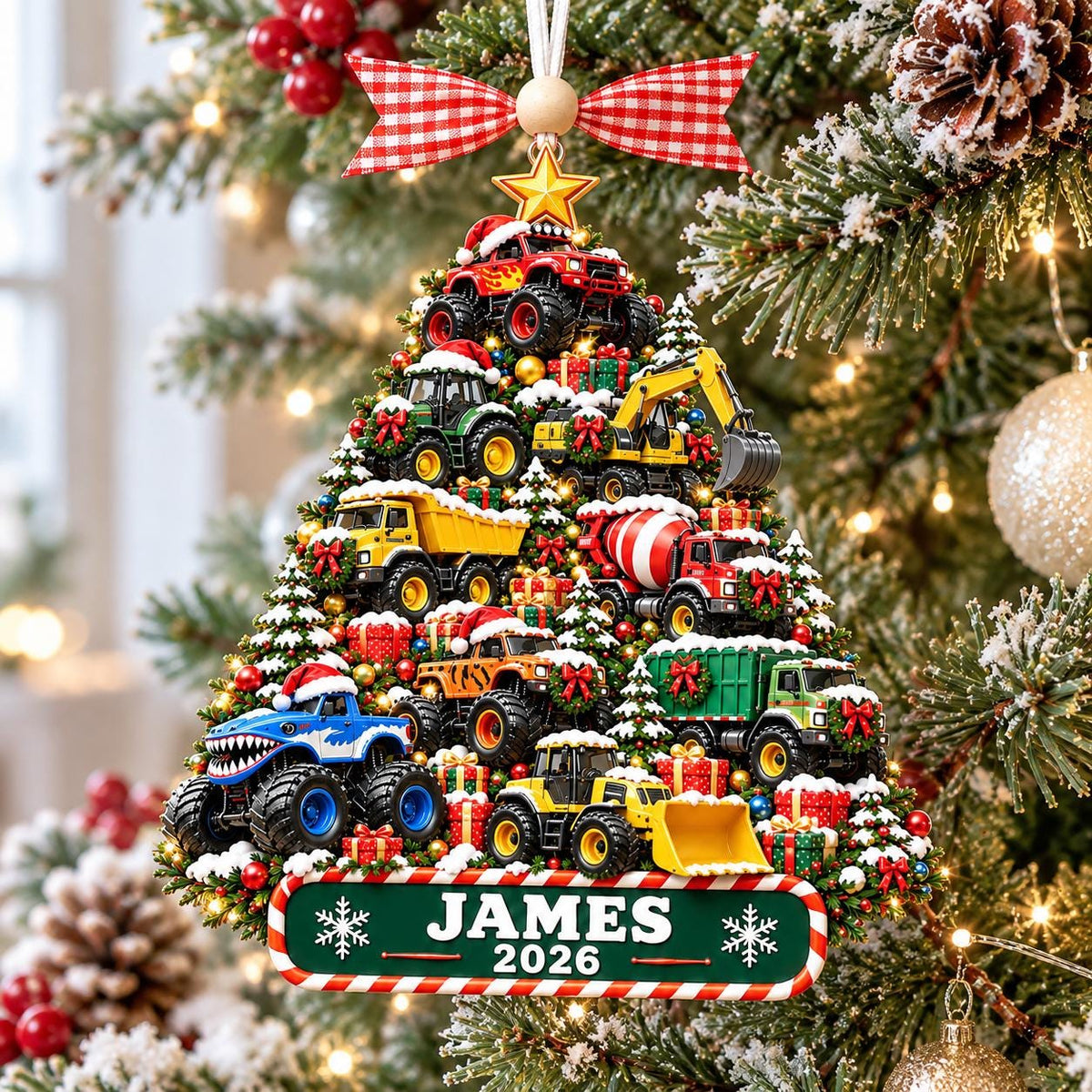 Monster truck tree ornament with James 2026 by a window