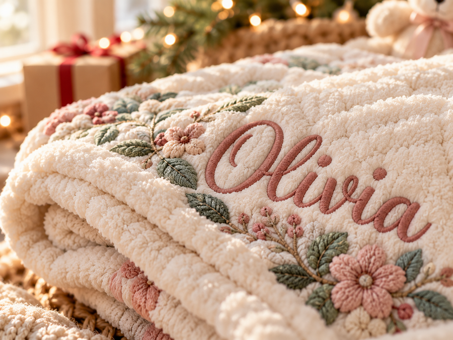 Close-up of a child's name embroidered on a soft personalized baby blanket