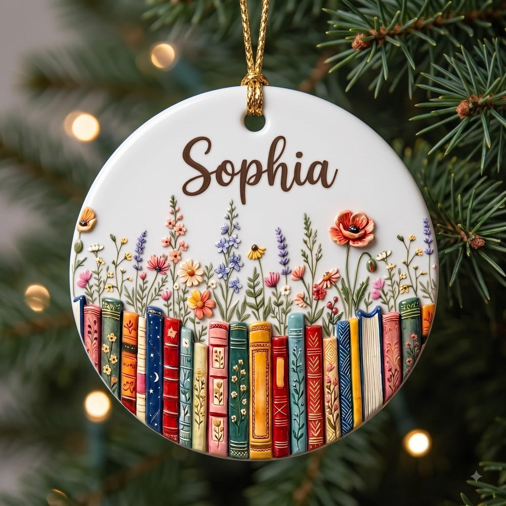 Personalized reader Christmas ornament hanging on a green tree