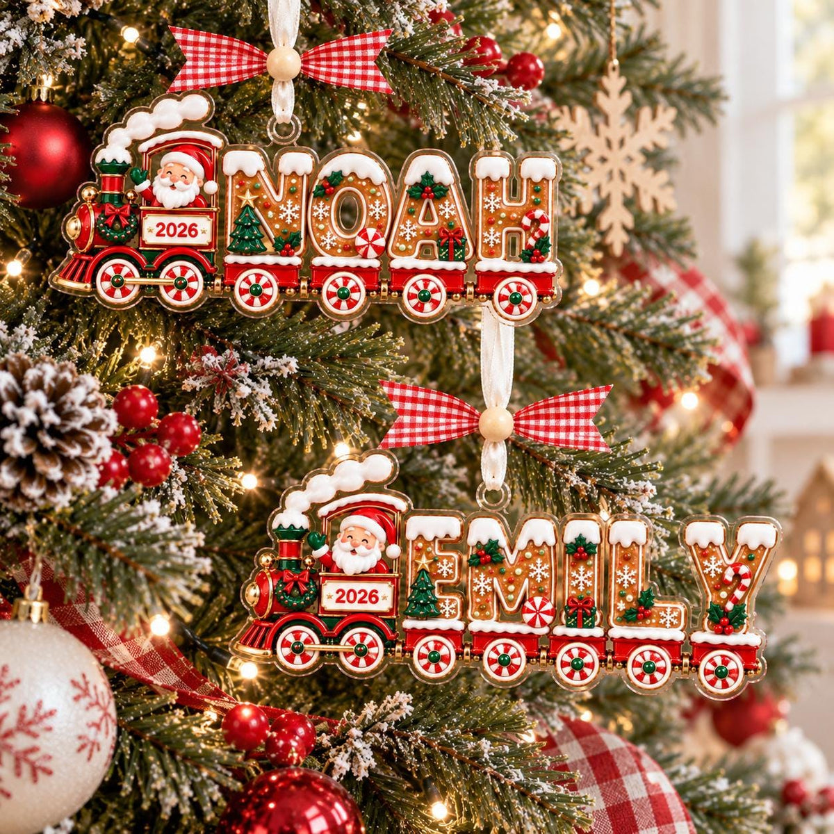 Two gingerbread train name ornaments with Noah and Emily