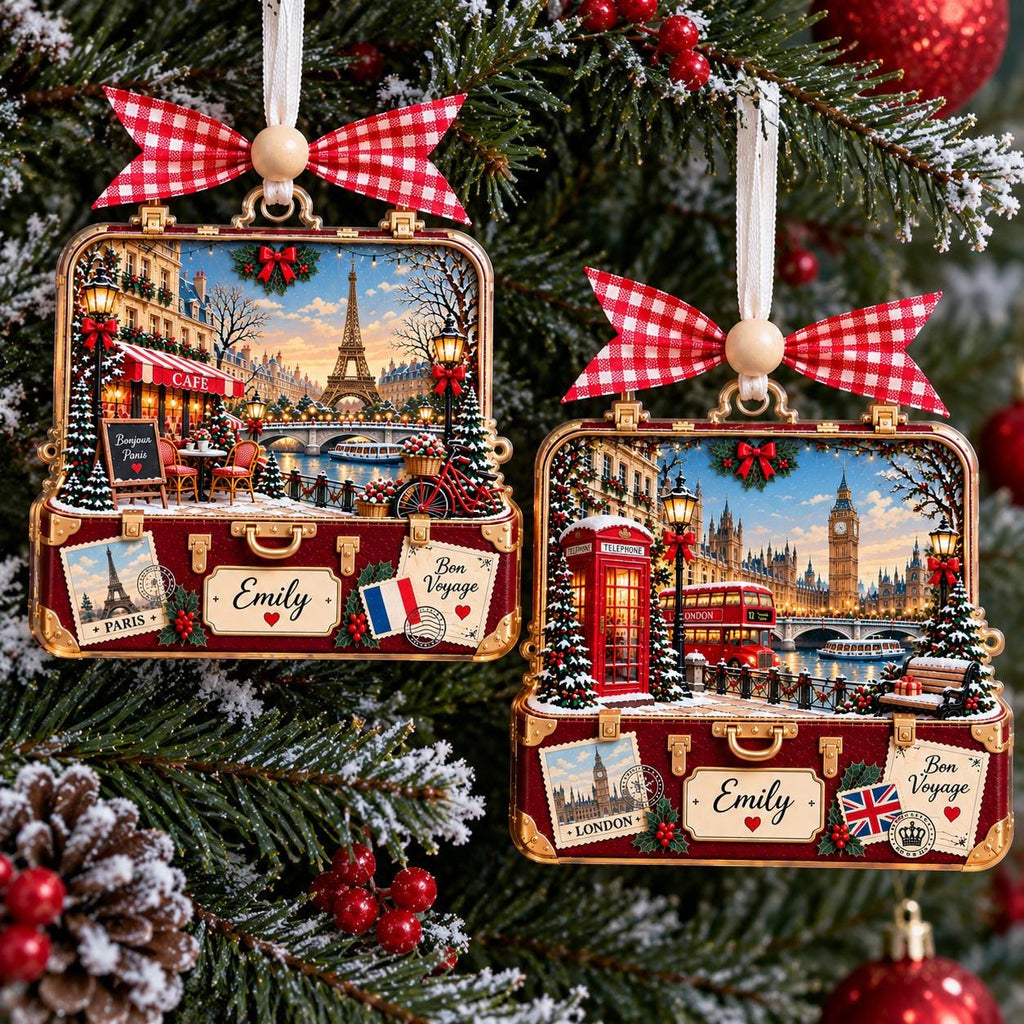 Paris and London suitcase ornaments hanging on a tree