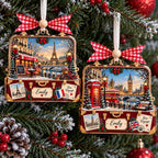 Paris and London suitcase ornaments hanging on a tree