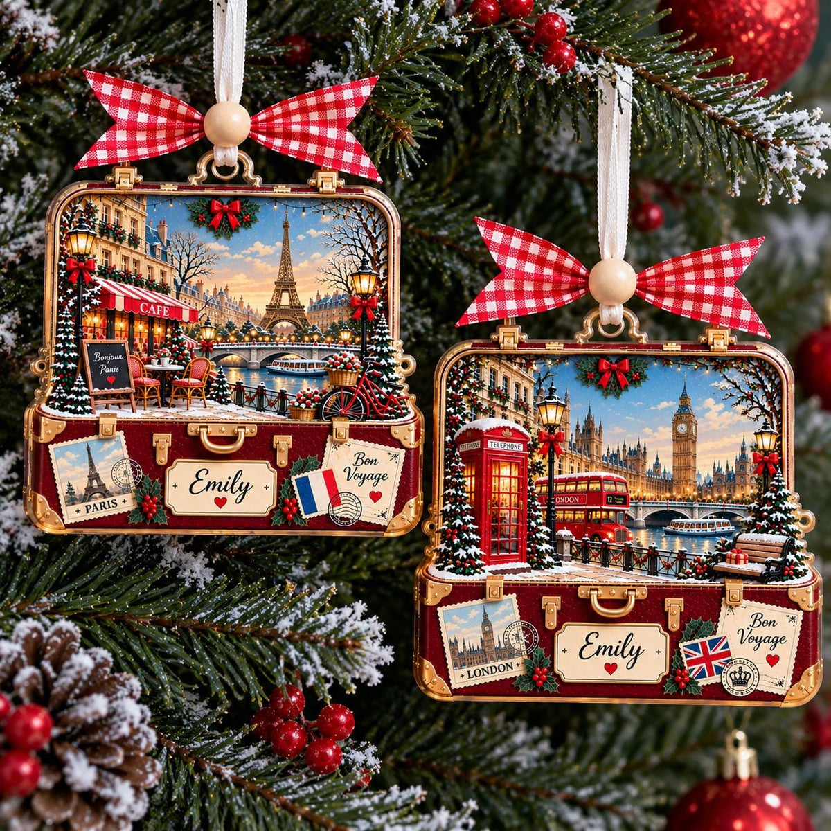 Paris and London suitcase ornaments hanging on a tree