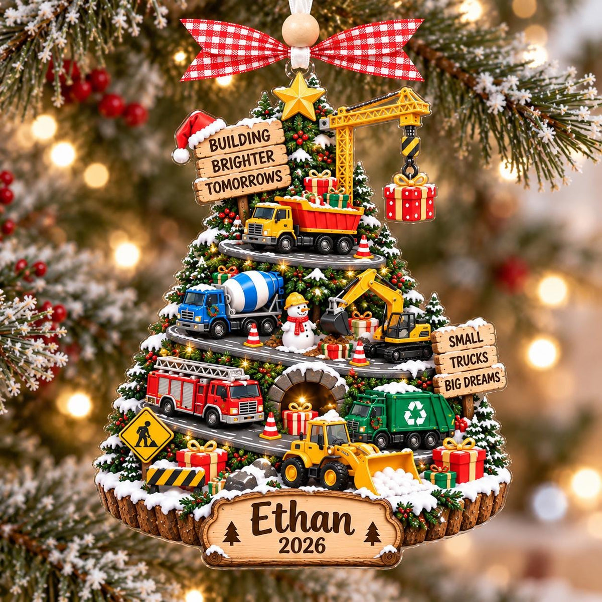 Personalized dump truck and digger tree ornament with Ethan