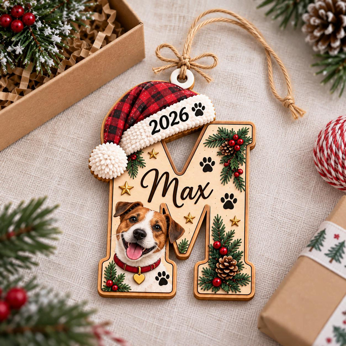 Dog initial M wooden ornament with plaid Santa hat lying beside a gift box