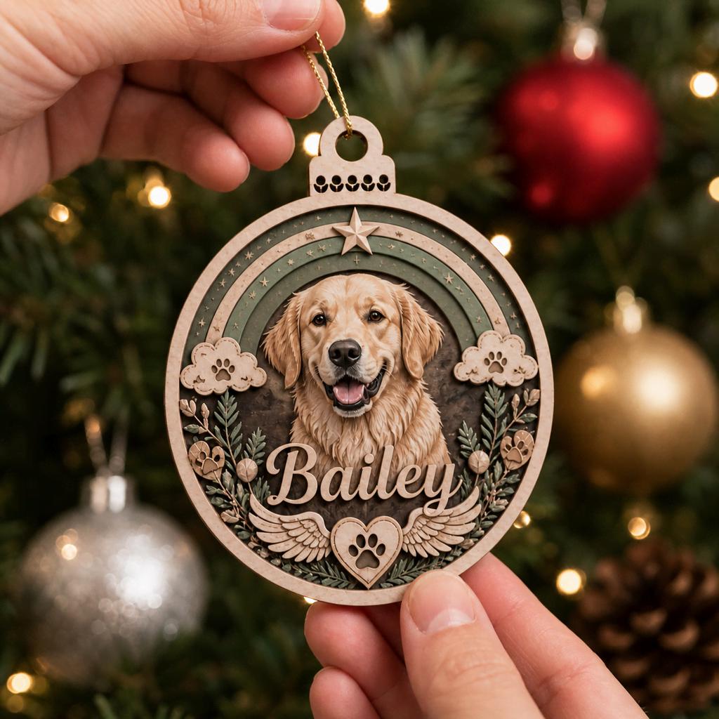 Rainbow bridge dog memorial wooden ornament with custom name hanging by Christmas tree