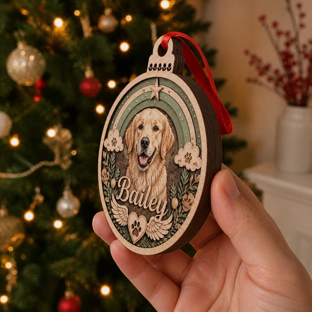 Pet memorial rainbow bridge ornament with red ribbon held at an angle by tree