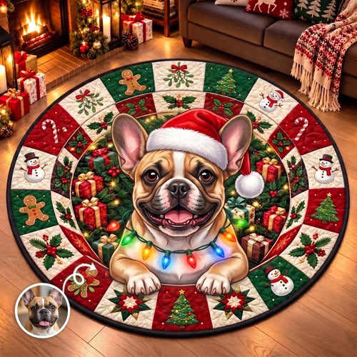 Custom pet photo Christmas round quilted rug with a French bulldog in a Santa hat