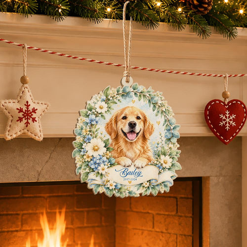 Custom pet photo memorial ornament with a golden retriever in a floral wreath and Bailey 2017-2024