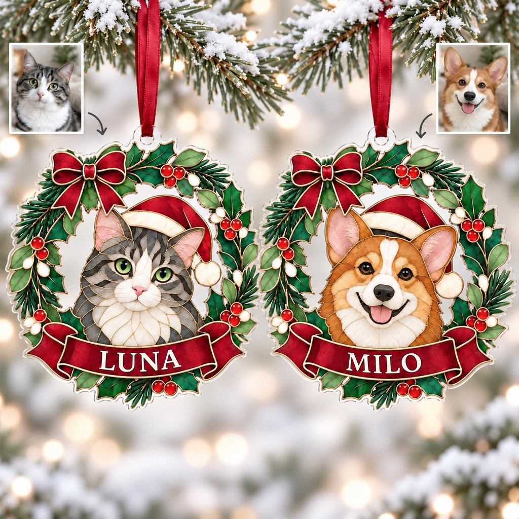 Custom cat and dog portrait wreath ornaments made from pet photos