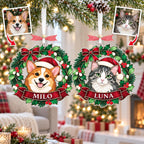 Corgi and cat photos with matching custom wreath ornaments