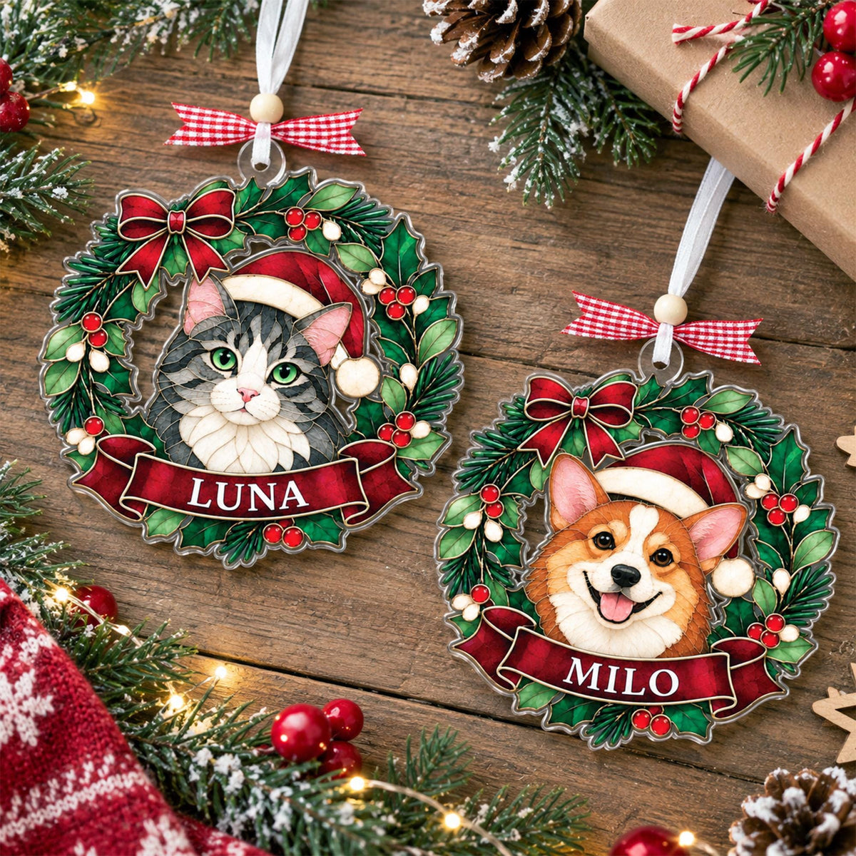 Cat and dog pet portrait ornaments on a wooden table