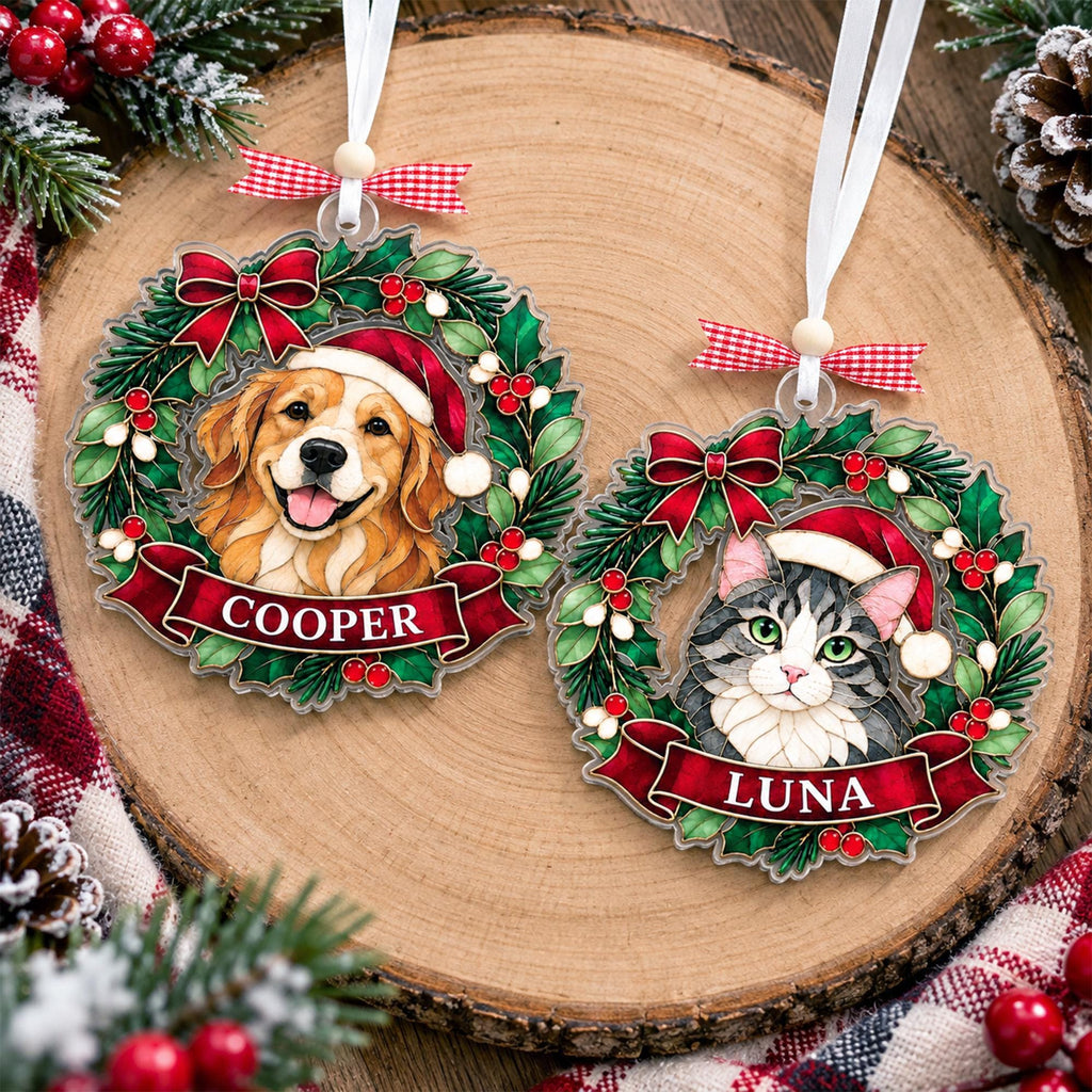 Golden retriever and cat wreath ornaments with names Cooper and Luna