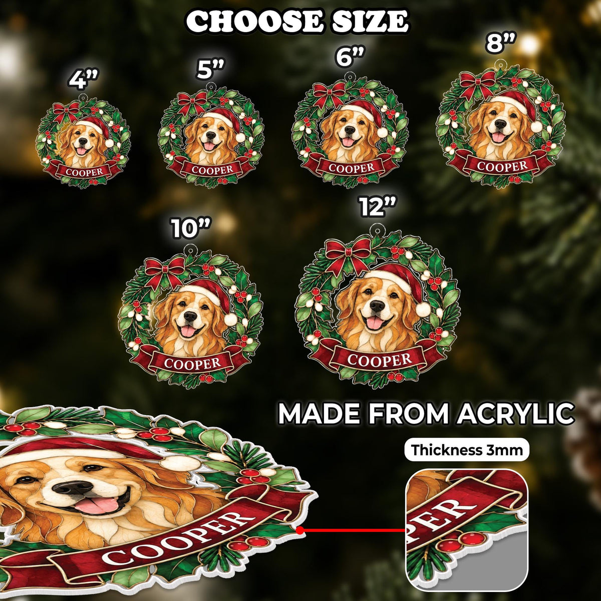Size chart for the pet wreath ornament from 4 to 12 inches