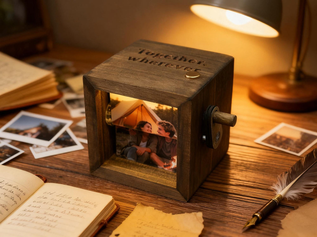 Photo flipbook box with lights on a desk beside old photos and a lamp